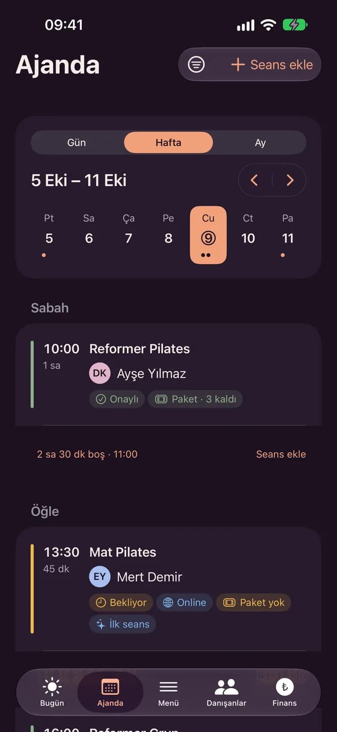 Seanslarım iPhone uygulamasında Ajanda ekranı