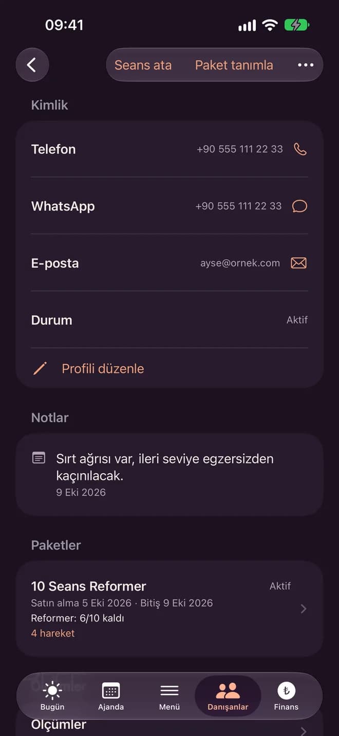 Seanslarım iPhone uygulamasında danışan kartı ekranı