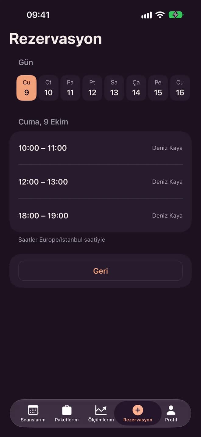 Danışanın Rezervasyon ekranı