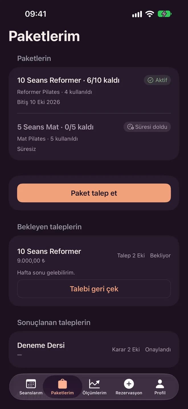 Danışanın Paketlerim ekranı